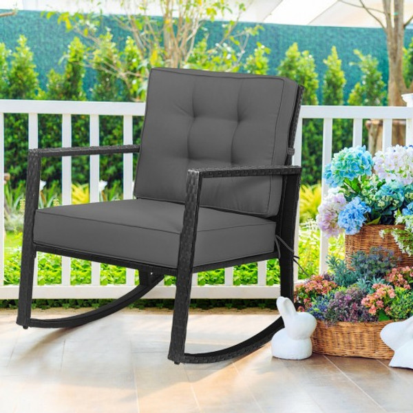 HW66722GR Patio Rattan Rocker Outdoor Glider Rocking Chair Cushion Lawn-Gray