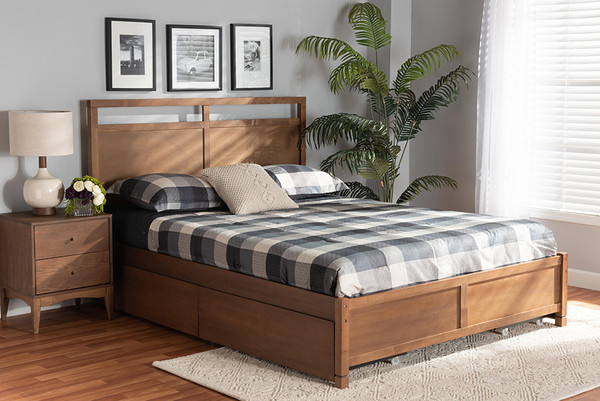 Saffron Modern and Contemporary Walnut Brown Finished Wood Queen Size 4-Drawer Platform Storage Bed By Baxton Studio MG0068-Walnut-4DW-Queen-Bed