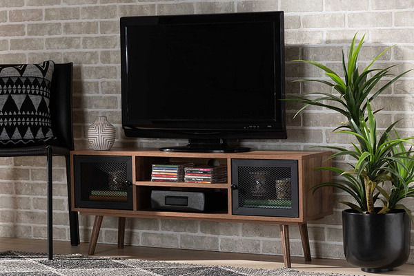 Yuna Mid-Century Modern Transitional Natural Brown Finished Wood and Black Metal 2-Door TV Stand By Baxton Studio MAG-13-Natural/Black