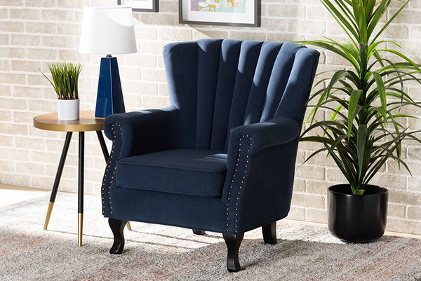 Relena Classic and Traditional Navy Blue Velvet Fabric Upholstered and Dark Brown Finished Wood Armchair By Baxton Studio 904-Shiny Velvet Navy Blue-Chair
