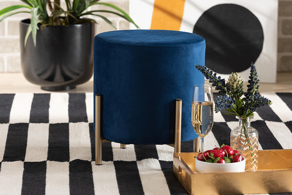 Thurman Contemporary Glam and Luxe Navy Blue Velvet Fabric Upholstered and Gold Finished Metal Ottoman By Baxton Studio FZD190717-Navy Blue Velvet-Ottoman