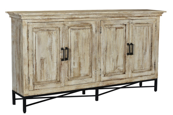 Bengal Manor Mango Wood 4 Door Sideboard Heavily Distressed Antique White Finish CVFNR704 By Crestview
