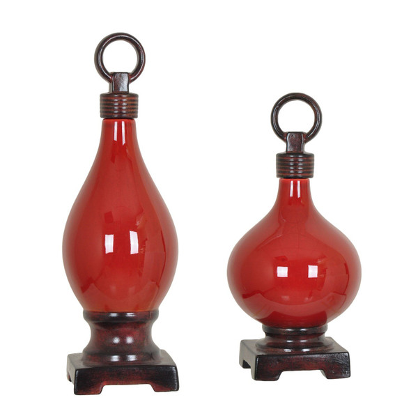 Ceramic Carlyle Lidded Vases - Red & Wood Tone Finish Cvjdp817 By Crestview