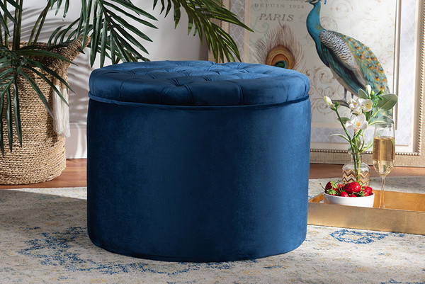 Livana Contemporary Glam and Luxe Navy Blue Velvet Fabric Upholstered Storage Ottoman By Baxton Studio FZD0220-Navy Blue Velvet-Ottoman