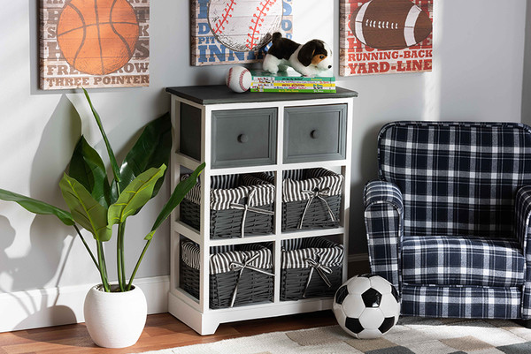 Premala Modern and Contemporary Two-Tone Grey and White Finished Wood 2-Drawer Storage Unit with Baskets By Baxton Studio 1819-White/Grey