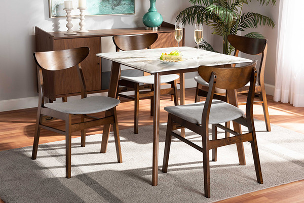 Paras Mid-Century Modern Transitional Light Grey Fabric Upholstered And Walnut Brown Finished Wood 5-Piece Dining Set With Faux Marble Dining Table By Baxton Studio Paras-Smoke/Walnut-5PC Dining  Set
