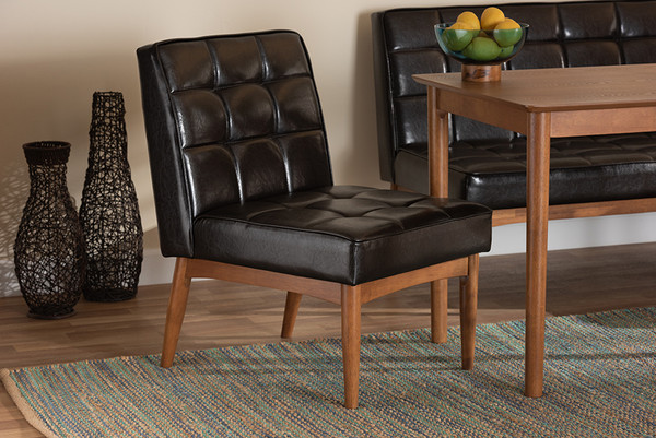 Sanford Mid-Century Modern Dark Brown Faux Leather Upholstered and Walnut Brown Finished Wood Dining Chair By Baxton Studio BBT8051.11-Dark Brown/Walnut-CC