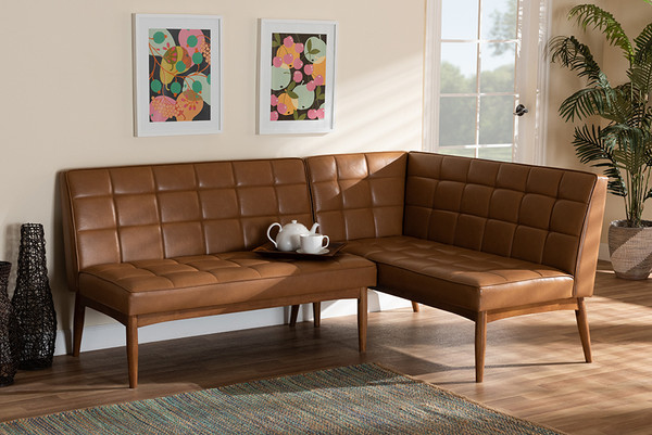 Sanford Mid-Century Modern Tan Faux Leather Upholstered and Walnut Brown Finished Wood 2-Piece Dining Nook Banquette Set By Baxton Studio BBT8051.11-Tan/Walnut-2PC SF Bench