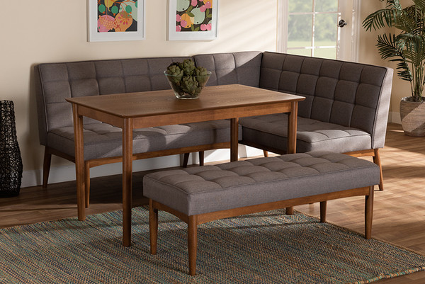 Sanford Mid-Century Modern Grey Fabric Upholstered and Walnut Brown Finished Wood 4-Piece Dining Nook Set By Baxton Studio BBT8051.11-Grey/Walnut-4PC Dining Nook Set