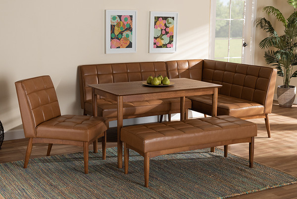 Sanford Mid-Century Modern Tan Faux Leather Upholstered and Walnut Brown Finished Wood 5-Piece Dining Nook Set By Baxton Studio BBT8051.11-Tan/Walnut-5PC Dining Nook Set