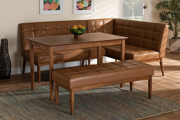 Sanford Mid-Century Modern Tan Faux Leather Upholstered and Walnut Brown Finished Wood 4-Piece Dining Nook Set By Baxton Studio BBT8051.11-Tan/Walnut-4PC Dining Nook Set