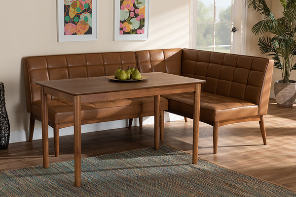 Sanford Mid-Century Modern Tan Faux Leather Upholstered and Walnut Brown Finished Wood 3-Piece Dining Nook Set By Baxton Studio BBT8051.11-Tan/Walnut-3PC Dining Nook Set