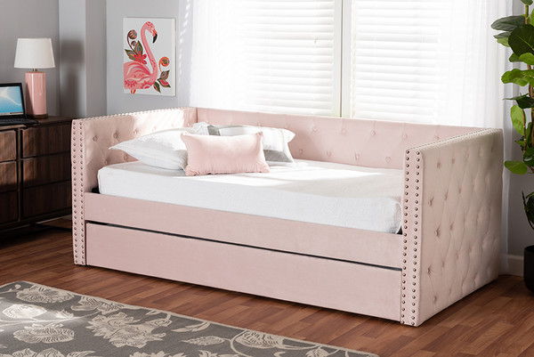 Larkin Modern and Contemporary Pink Velvet Fabric Upholstered Twin Size Daybed with Trundle By Baxton Studio CF9227-Pink Velvet Velvet-Daybed-T/T