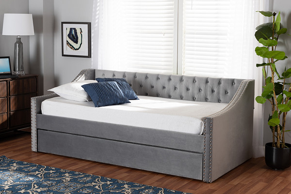Raphael Modern and Contemporary Grey Velvet Fabric Upholstered Twin Size Daybed with Trundle By Baxton Studio CF9228 -Silver Grey Velvet-Daybed-T/T