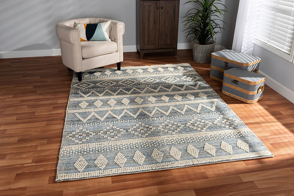 Callum Modern and Contemporary Ivory and Blue Handwoven Wool Blend Area Rug By Baxton Studio Callum-White/Blue-Rug