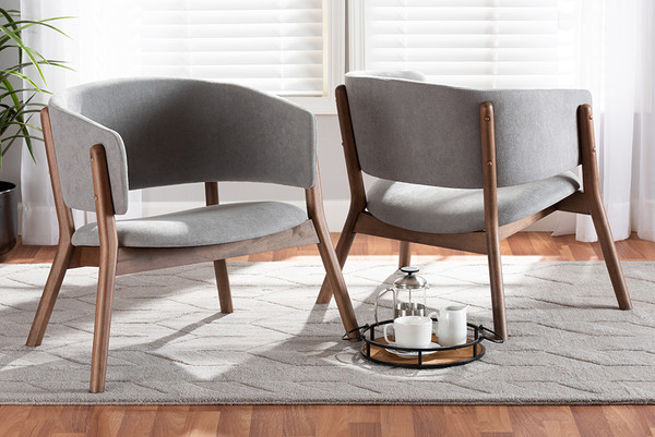 Baron Mid-Century Modern Light Grey Fabric Upholstered and Walnut Brown Finished Wood 2-Piece Living Room Accent Chair Set By Baxton Studio RDC794S-AC-Light Grey/Walnut-CC
