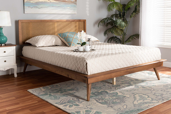 Nura Mid-Century Modern Walnut Brown Finished Wood and Synthetic Rattan Full Size Platform Bed By Baxton Studio Nura-Ash Walnut Rattan-Full