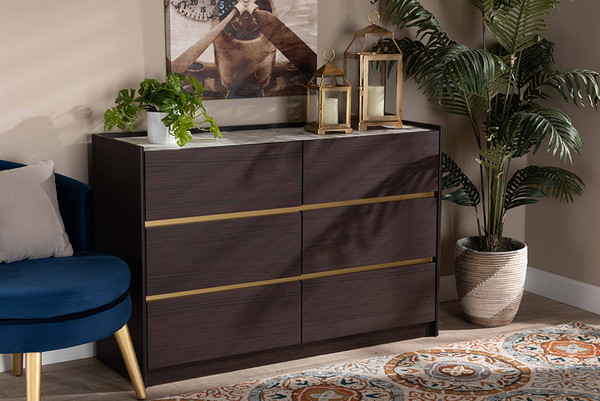 Walker Modern and Contemporary Dark Brown and Gold Finished Wood 6-Drawer Dresser with Faux Marble Top By Baxton Studio LV25COD25231-Modi Wenge/Marble-6DW-Dresser