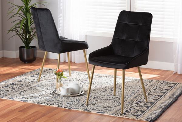 Gavino Modern Luxe and Glam Black Velvet Fabric Upholstered and Gold Finished Metal 2-Piece Dining Chair Set By Baxton Studio DC178-Black Velvet/Gold-DC