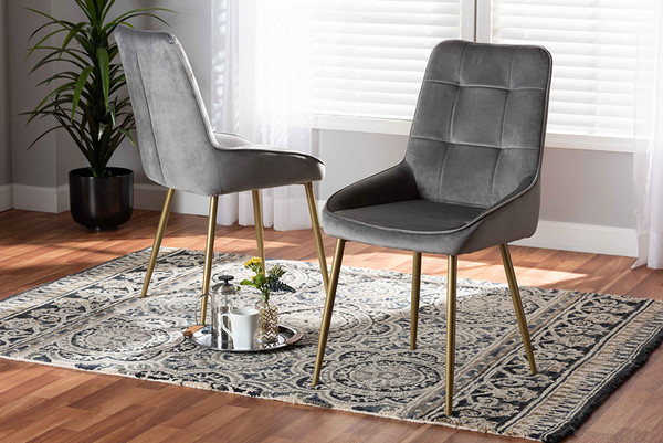 Gavino Modern Luxe and Glam Grey Velvet Fabric Upholstered and Gold Finished Metal 2-Piece Dining Chair Set By Baxton Studio DC178-Grey Velvet/Gold-DC