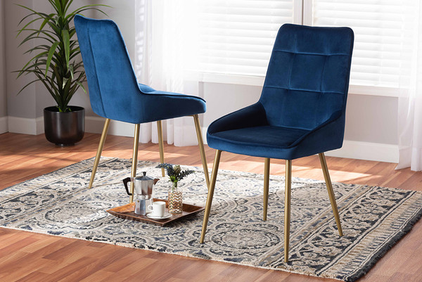 Gavino Modern Luxe and Glam Navy Blue Velvet Fabric Upholstered and Gold Finished Metal 2-Piece Dining Chair Set By Baxton Studio DC178-Navy Blue Velvet/Gold-DC