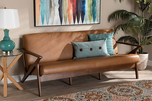 Bianca Mid-Century Modern Walnut Brown Finished Wood and Tan Faux Leather Effect Sofa By Baxton Studio Bianca-Tan/Walnut Brown-SF