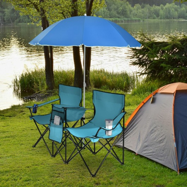 OP70621TU Portable Folding Picnic Double Chair With Umbrella-Turquoise