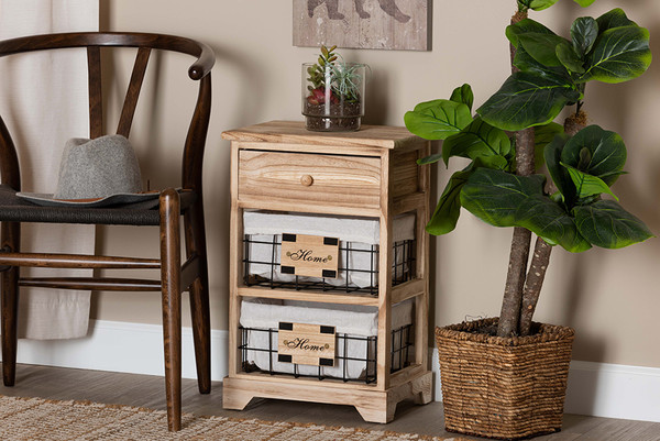 Madra Modern and Contemporary Oak Brown Finished Wood and 1-Drawer Nightstand With Baskets By Baxton Studio 7583-Wood/Metal-NS