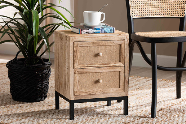 Lalette Mid-Century Modern Oak Brown Finished Wood and Black Metal 2-Drawer Nightstand By Baxton Studio 7631-White Washed/Metal-NS
