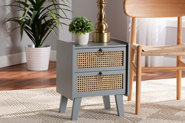 Waller Mid-Century Modern Natural Rattan and Grey Finished Wood 2-Drawer Nightstand By Baxton Studio 7633-Grey/Rattan-NS