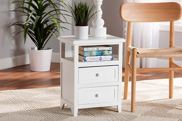 Karsen Modern and Contemporary White Finished Wood 2-Drawer Nightstand By Baxton Studio FZCB190808-White Wooden-2DW-NS