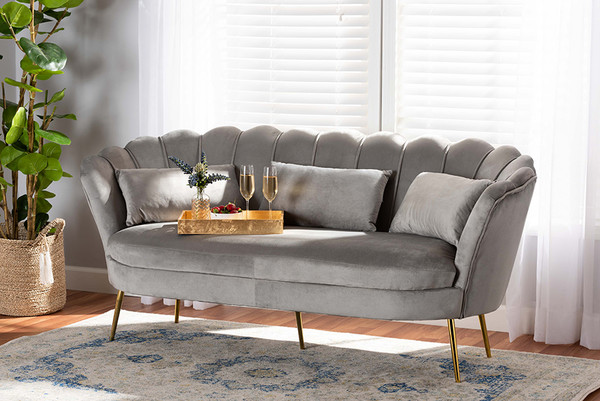 Genia Contemporary Glam and Luxe Grey Velvet Fabric Upholstered and Gold Metal Sofa By Baxton Studio DC-02T-Shiny Velvet Light Grey-Sofa