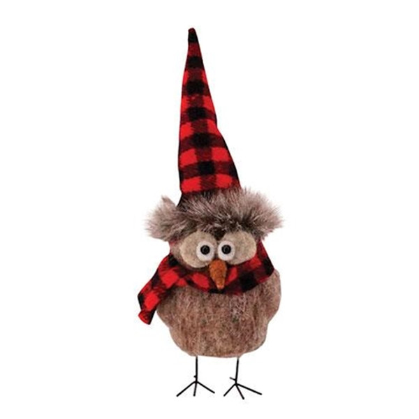 CWI Gifts GHBY2602 Standing Felted Owl W/Red/Black Plaid Hat Ornament