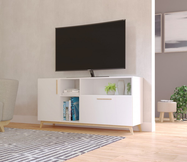 Modern White And Natural Asymmetrical Tv Stand 389032 By Homeroots