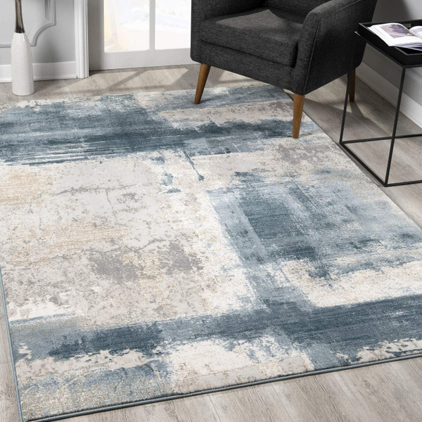 2' X 5' Cream And Blue Abstract Patches Area Rug 390598 By Homeroots