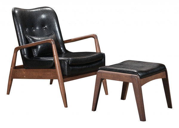 Walnut And Black Faux Leather Modern Retro Chair And Ottoman Set 394540 By Homeroots