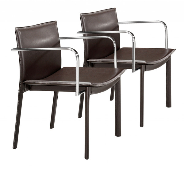 Set Of Two Chrome Dark Brown Faux Leather Armchairs 394976 By Homeroots