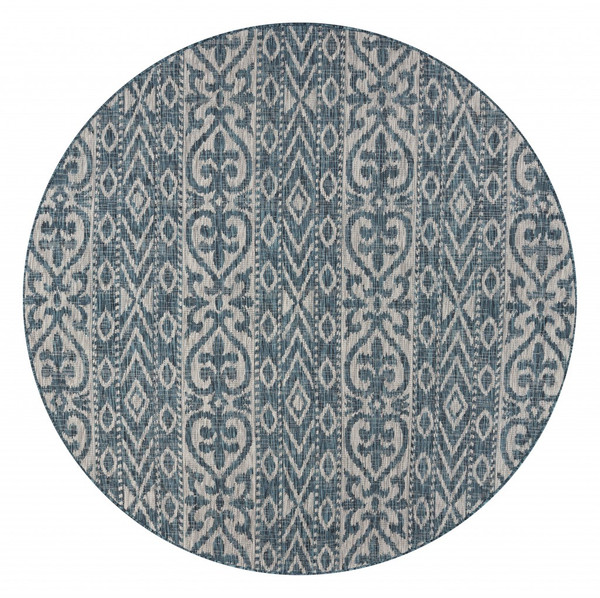 8' Round Blue Geometric Indoor Outdoor Area Rug 396245 By Homeroots