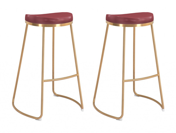 Set Of Two Burgundy And Gold Modern Glam Geo Backless Barstools 396340 By Homeroots
