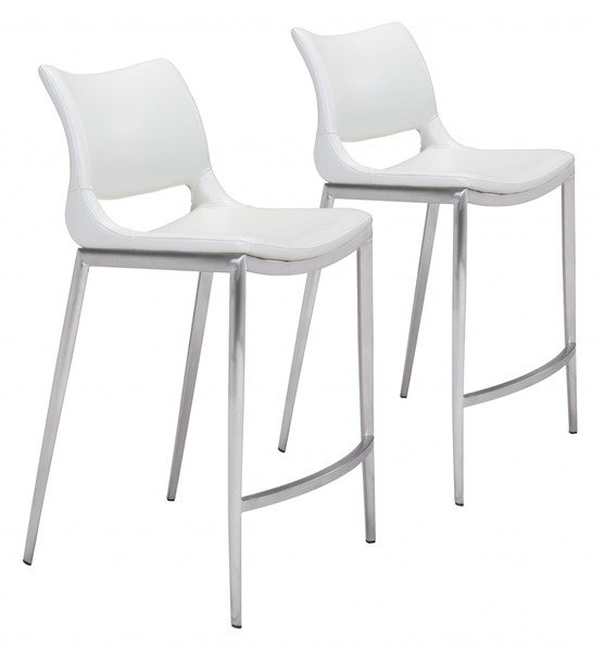 Set Of Two White Faux Leather And Silver Mod Ergo Counter Chairs 396487 By Homeroots