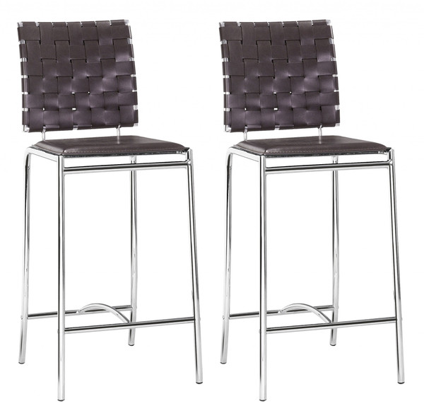 Set Of Two Brown Faux Leather And Steel Modern Basket Weave Counter Height Chairs 396509 By Homeroots