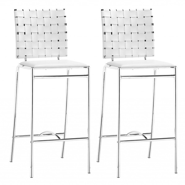 Set Of Two White Faux Leather And Steel Modern Basket Weave Counter Height Chairs 396510 By Homeroots