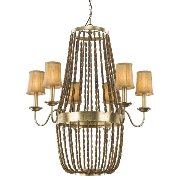 Anastasia 12-Light Antique Gold Leaf Chandelier With Wooden Beaded Chains And Gold Fabric Shades 398137 By Homeroots
