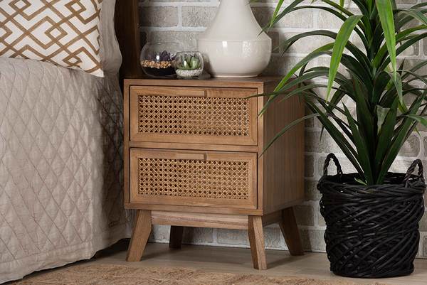 Baden Mid-Century Modern Walnut Brown Finished Wood 2-Drawer Nightstand with Rattan By Baxton Studio FZC20659-Wood/Rattan-2DW