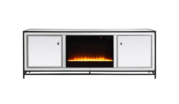 James 72 In. Mirrored Tv Stand With Crystal Fireplace In Black MF70172BK-F2 By Elegant Lighting
