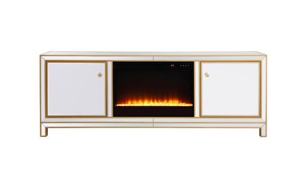 Reflexion 72 In. Mirrored Tv Stand With Crystal Fireplace In Gold MF70172G-F2 By Elegant Lighting