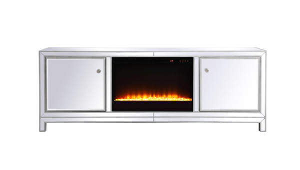 Reflexion 72 In. Mirrored Tv Stand With Crystal Fireplace In Antique Silver MF70172S-F2 By Elegant Lighting
