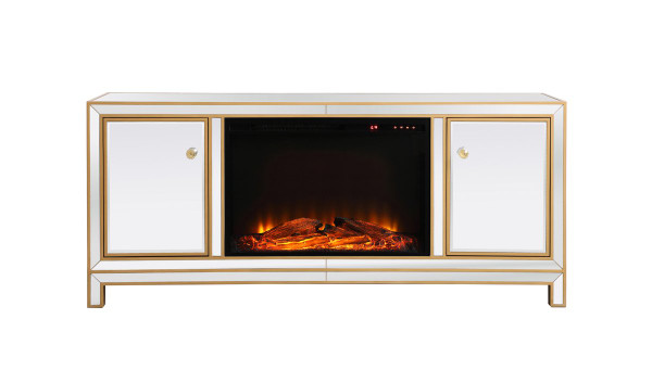 Reflexion 60 In. Mirrored Tv Stand With Wood Fireplace In Gold MF701G-F1 By Elegant Lighting