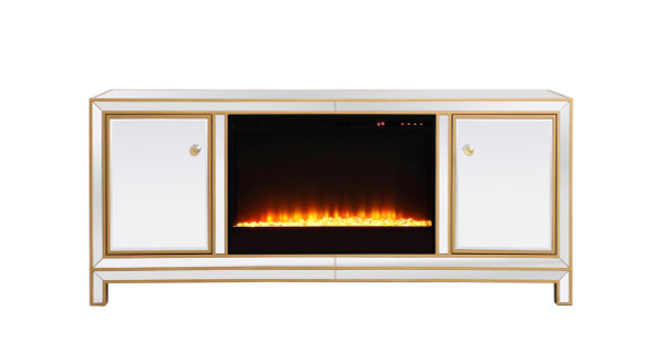 Reflexion 60 In. Mirrored Tv Stand With Crystal Fireplace In Gold MF701G-F2 By Elegant Lighting