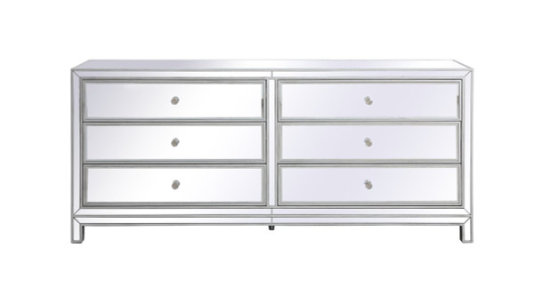 Reflexion 72 In. Mirrored Six Drawer Chest In Antique Silver MF73672S By Elegant Lighting